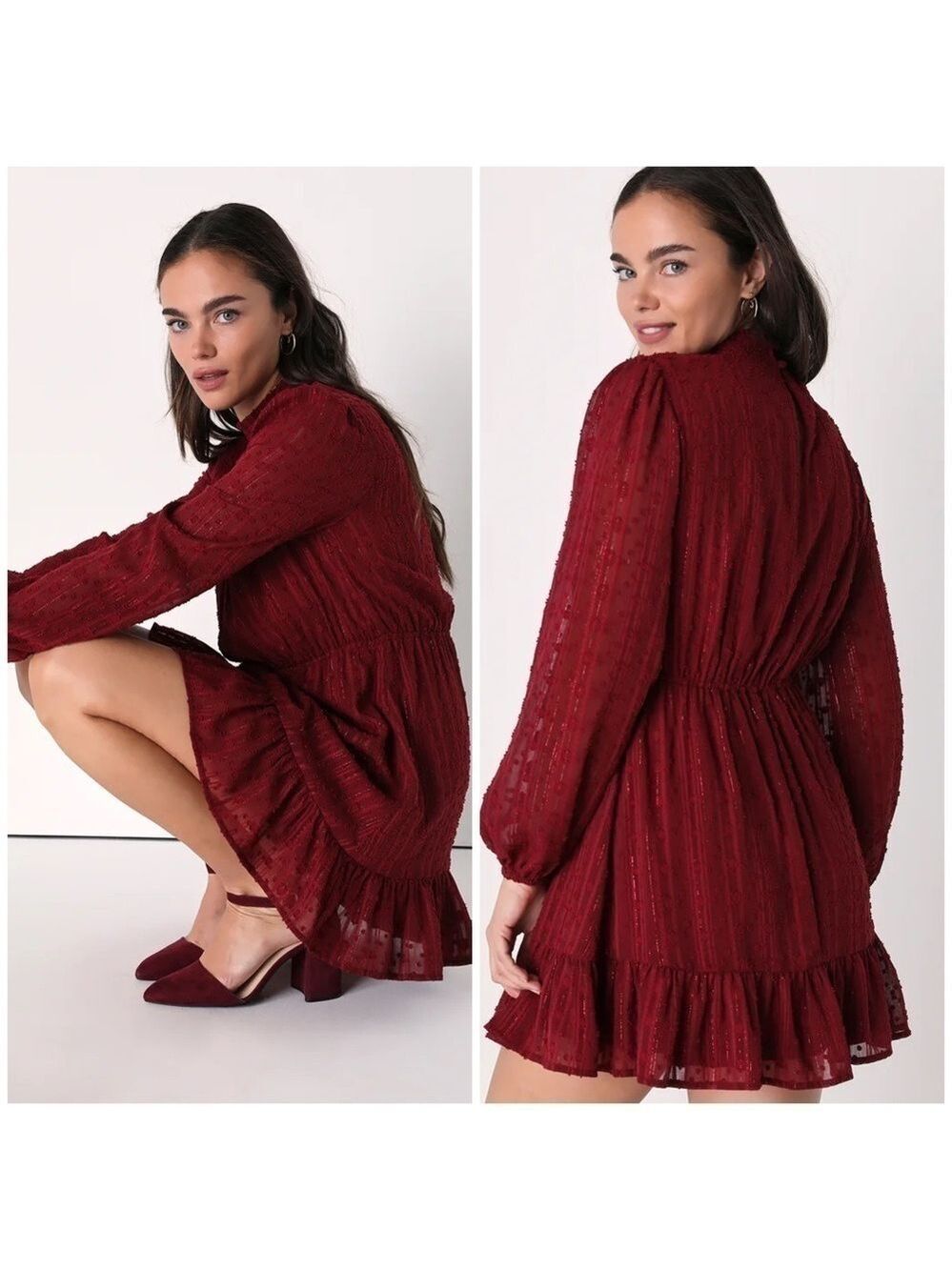 Lulu’s Cheerful Charmer Wine Red Lurex Long Sleeve Mini Dress - Picture 2 of 13
